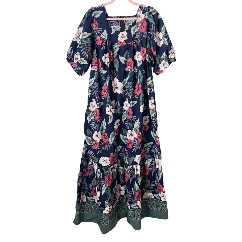Royal Creations Muumuu Dress Large Blue Hawaiian Hibiscus Floral Cotton Maxi
